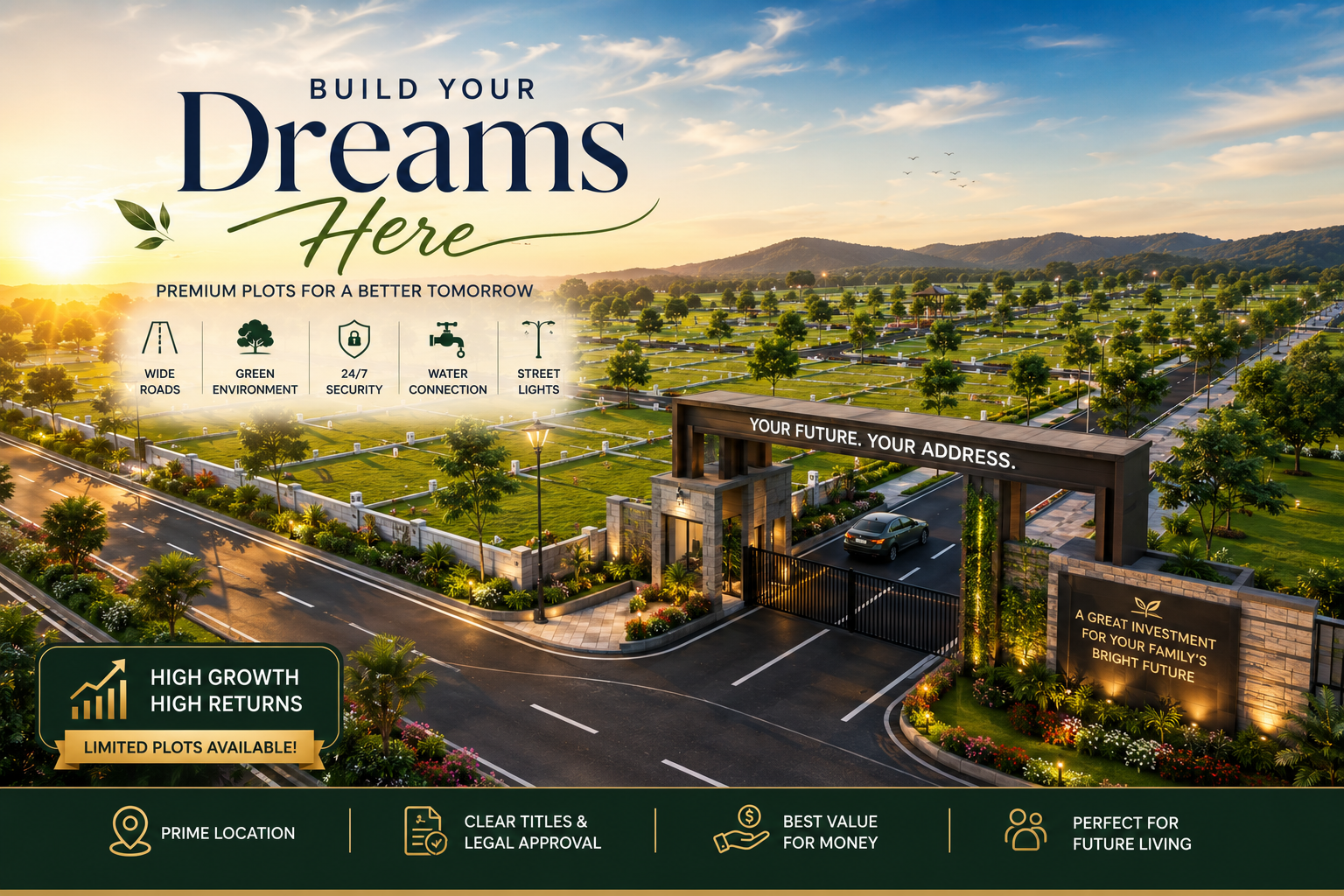 Layout entrance render at dusk Navalur Thazhambur DTCP plots